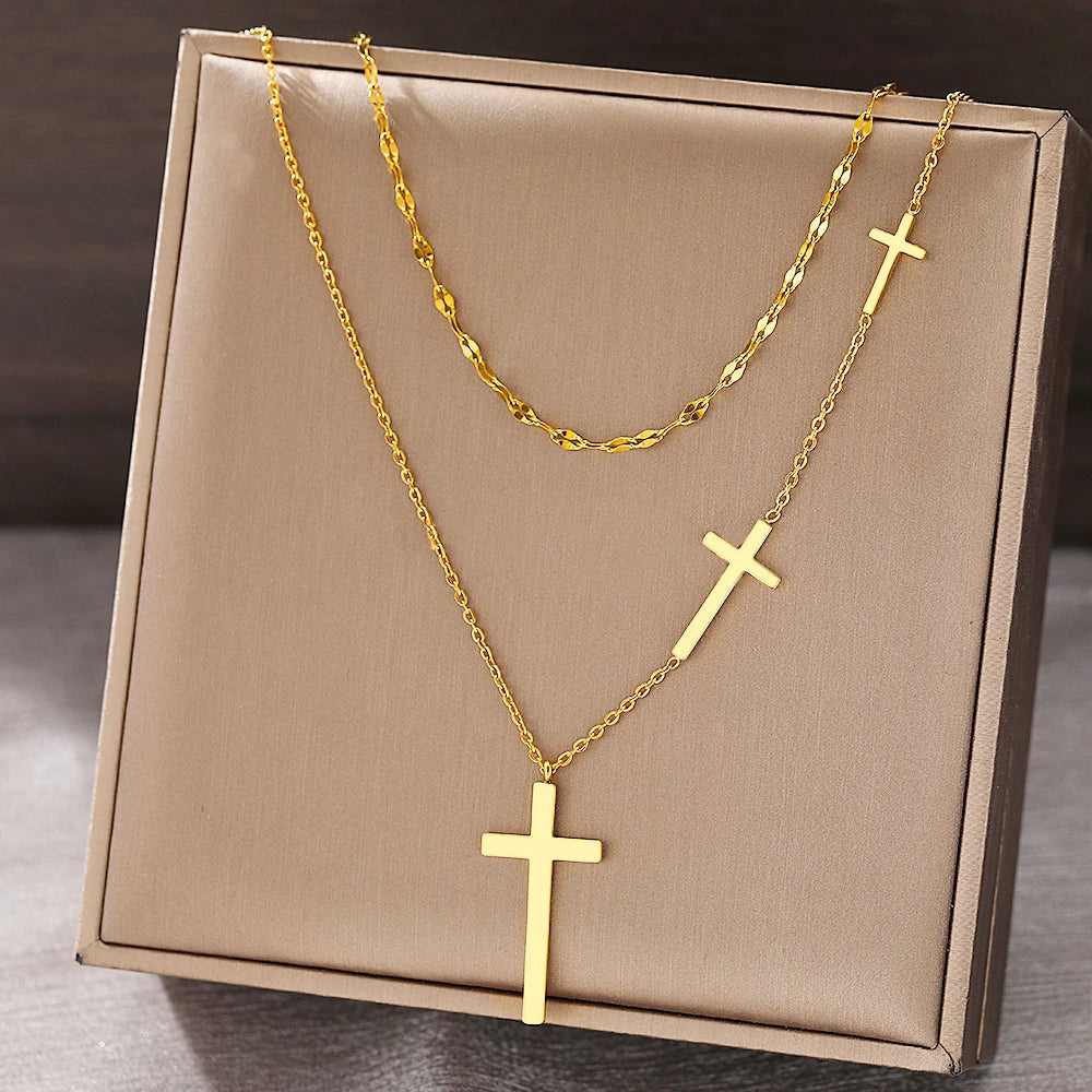 DOTIFI Stainless Steel Necklaces Cross Pendant Choker Double Stacked Wear Light Luxury Fine Necklace For Women Jewelry