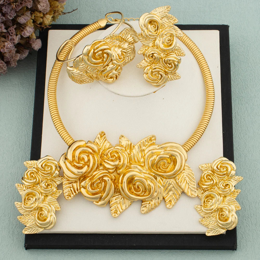 African Fashion Flower Jewelry Set for Women Luxury Gold Color India Big Hig Quality Earrring Necklace Bangle Ring Bride Gif
