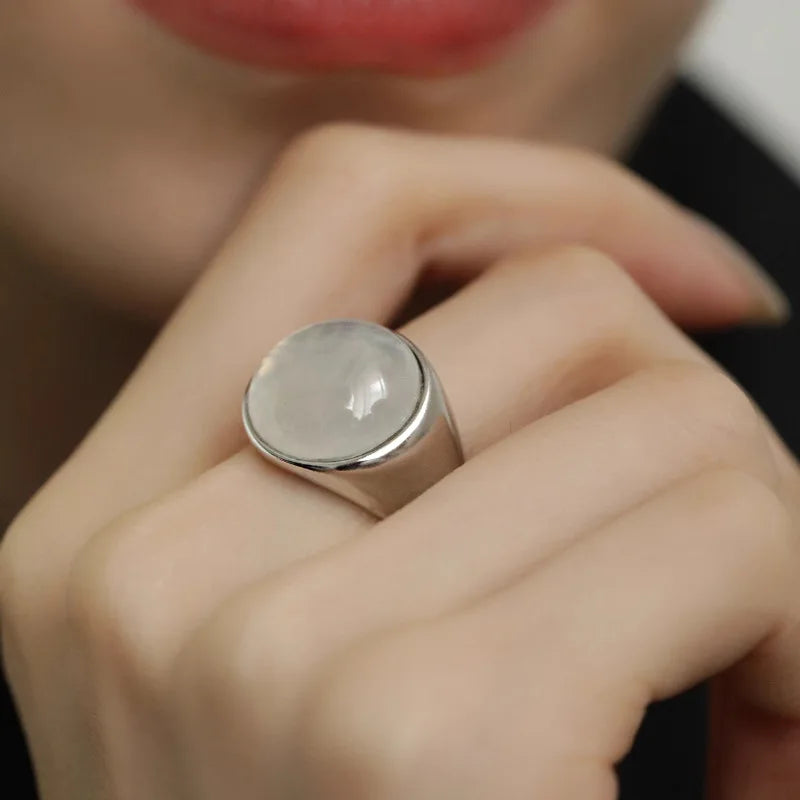 VENTFILLE S925 Sterling Silver Chalcedony Hotan Jade Ring for Woman Vintage Turquoise Jewelry Accessories Girls Dropshipping