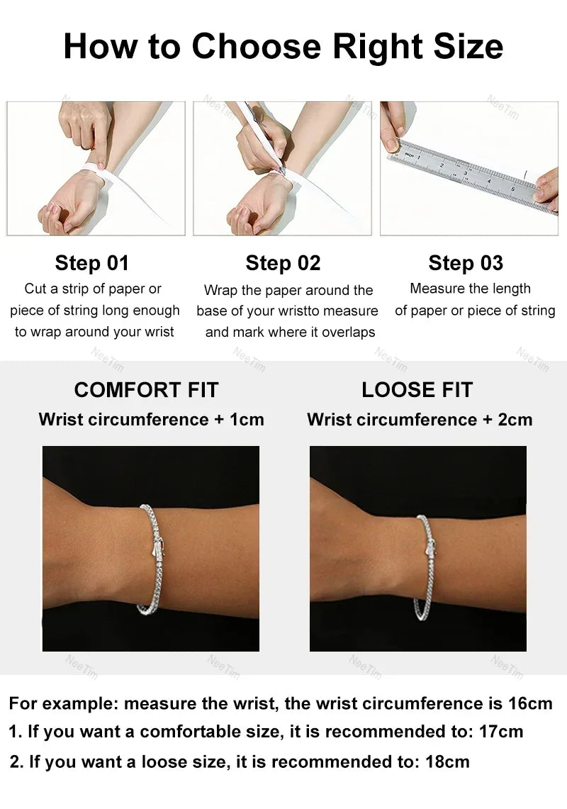 NeeTim 2mm 2.5mm 3mm 4mm Moissanite Tennis Bracelet 925 Sterling Silver with White Gold Plated Bracelets for Women Man Wholesale