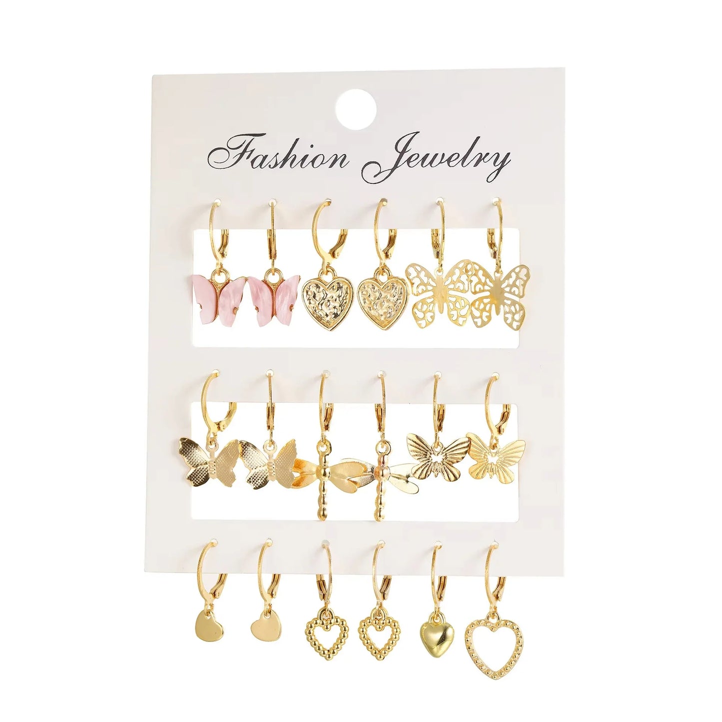 9 Pairs/ Set Exquisite Butterfly Heart Dragonfly Design Dangle Earrings Simple Vacation Style Delicate Holiday Earrings