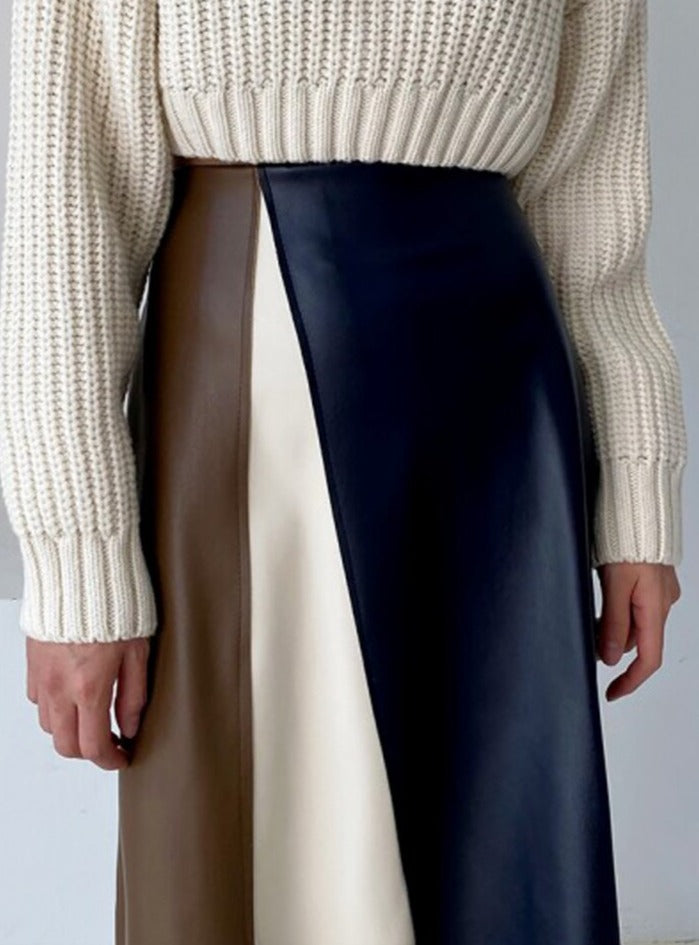 Patchwork Irregular PU Leather Skirts Women Elastic High Waist Female A-line Skirts
