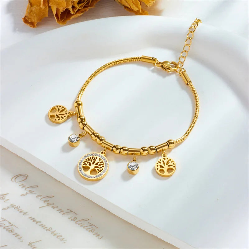 316L Stainless Steel Elegant Gold Color Tree - of - Life Charms Bracelet With Shiny Zircon Stone For Women's Daily Wear