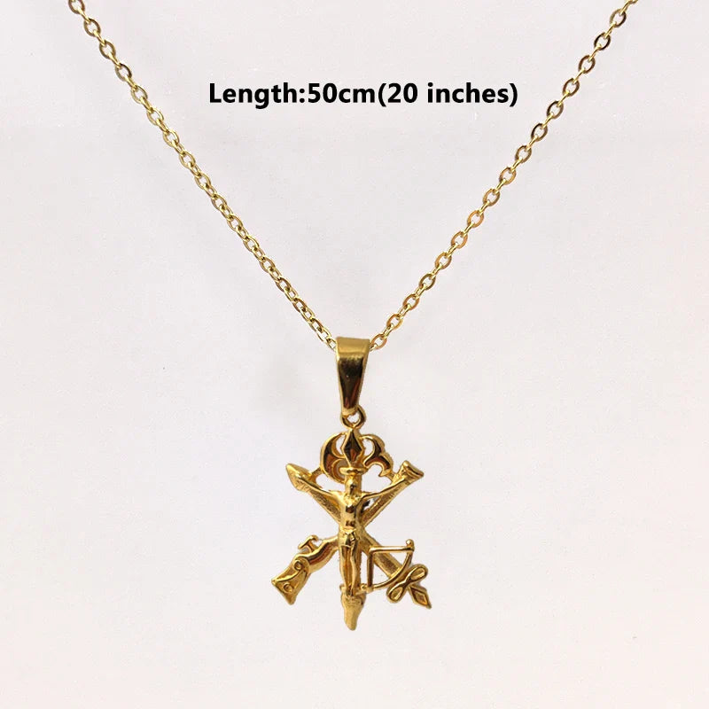 Trendy Jesus Cross Necklace - 18K Gold Plated Stainless Steel, Gun & Arrow Design for Men, Waterproof Religious Jewelry Gift