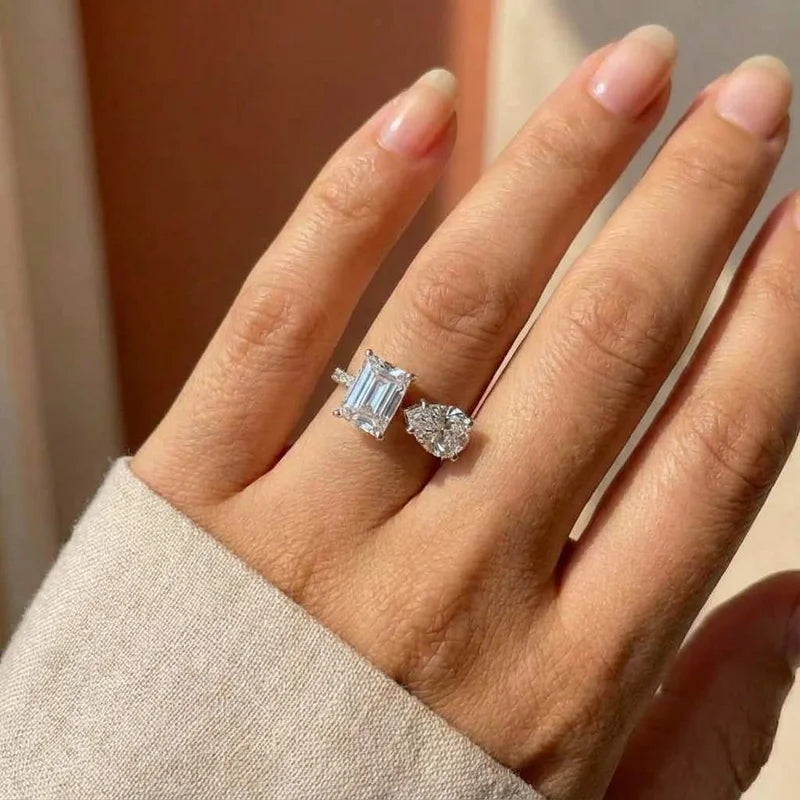 Hot New 925 Sterling Silver Pear Cut Emerald cut Simulated Diamond Wedding Party Vintage Adjustable Ring Fine Jewelry Gifts