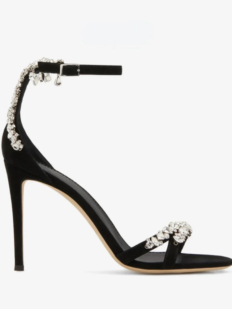Black High Heels Women's Stiletto Heels Celebrity Style Versatile Slotted Buckle Rhinestone Open Toe Round Toe Sandals