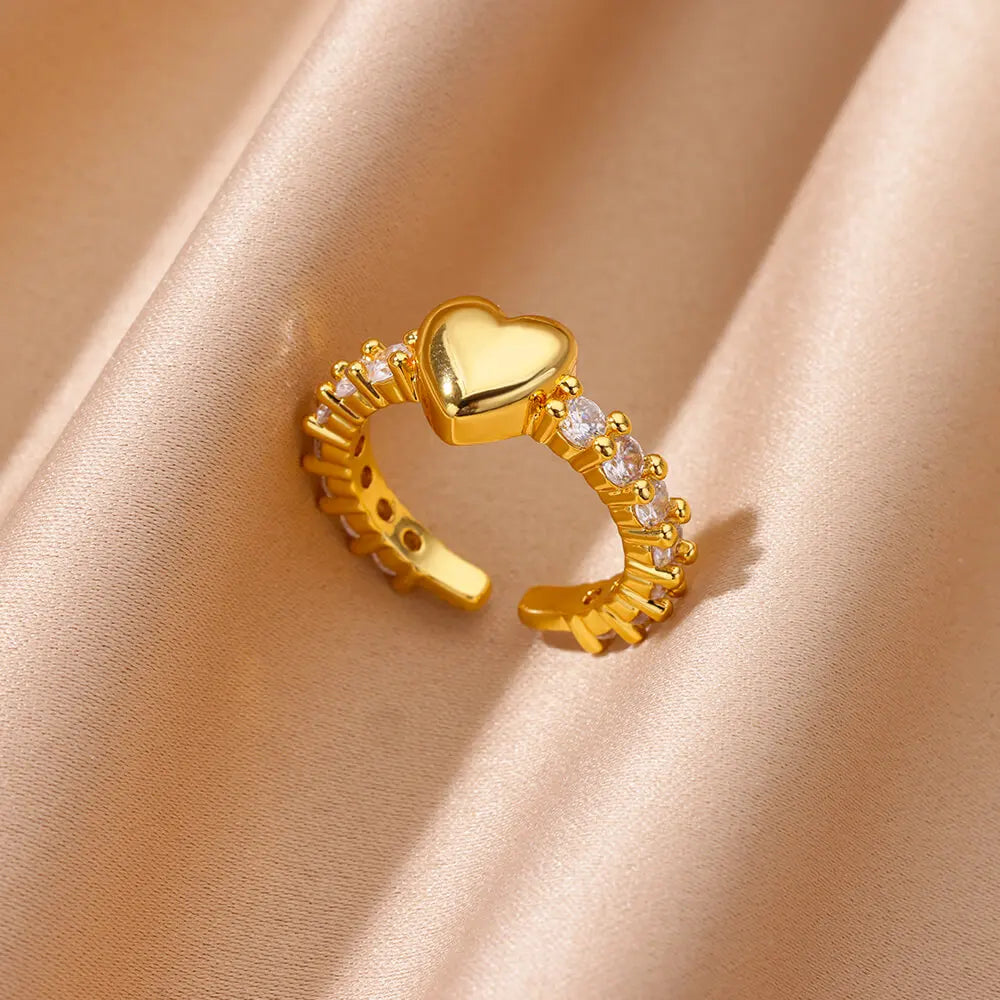 Zircon Tiny Heart Rings For Women Gold Color Stainless Steel Opening Heart Finger Femme Wedding Party Jewelry Gift 2024