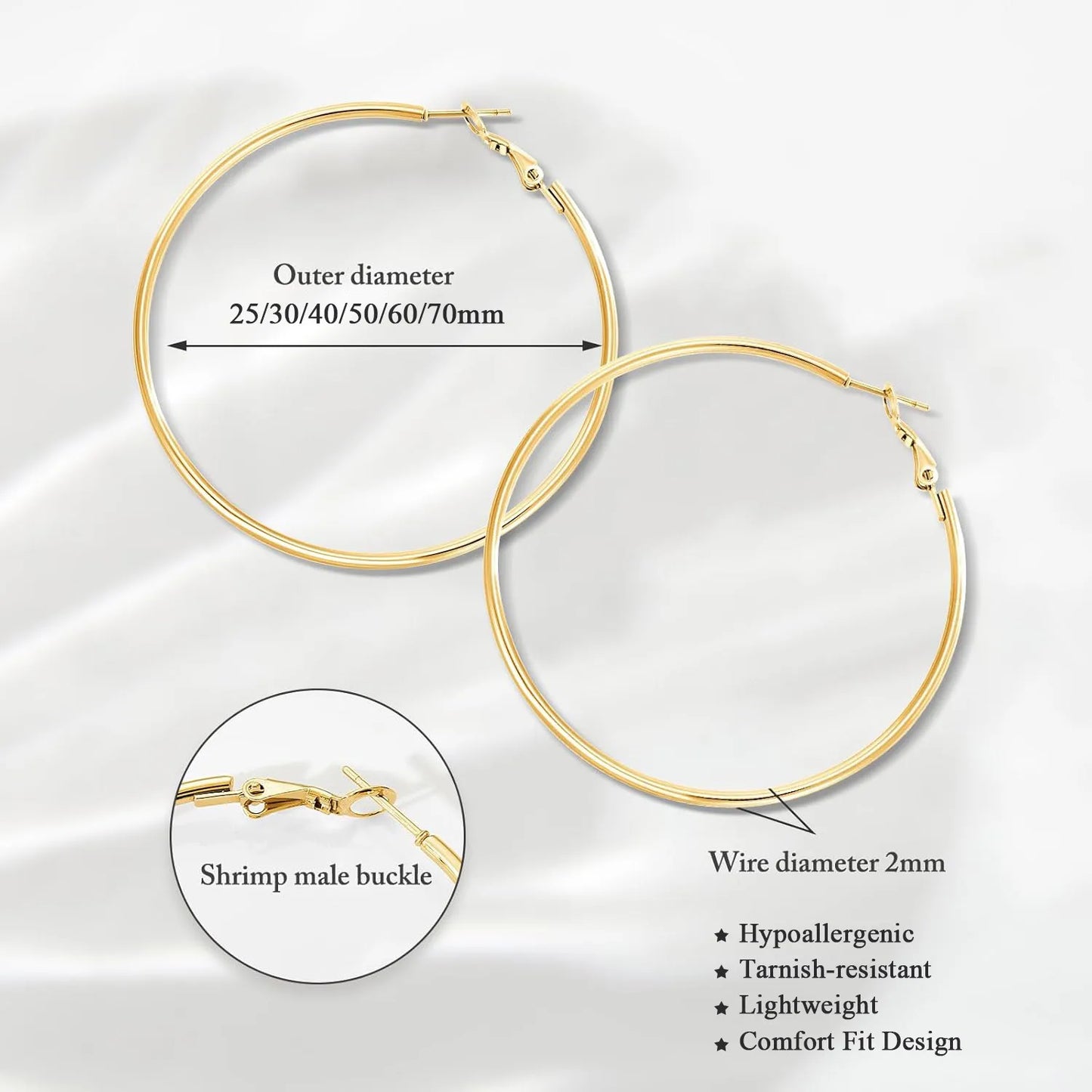 Classic Stainless Steel Big Circle Hoop Huggie Earrings for Women, 25mm/30mm/40mm/50mm/60mm/70mm