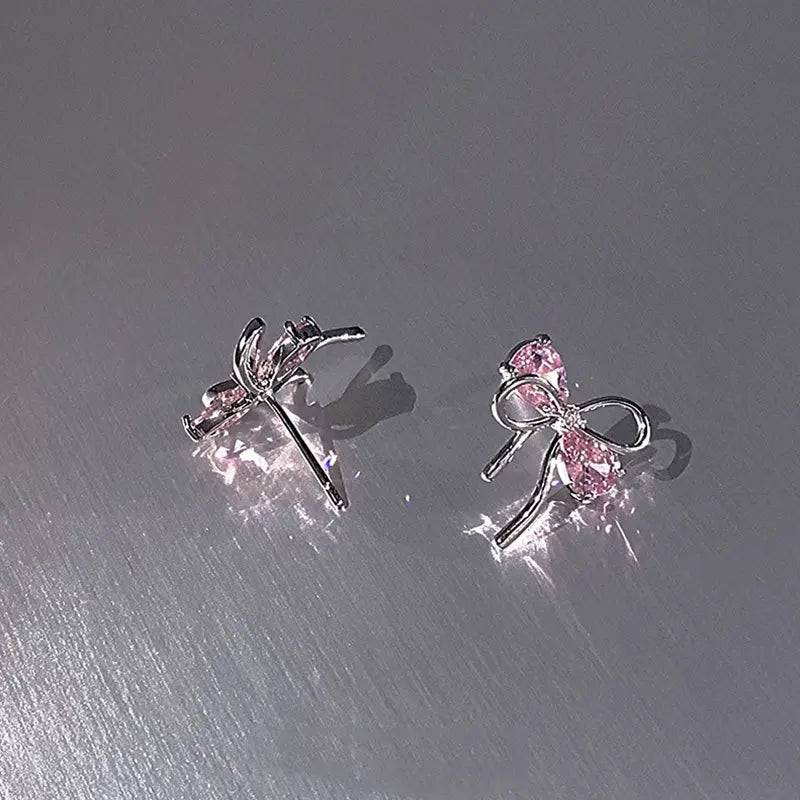 925 Sterling Silver Bow Pink Zircon Stud Earrings For Woman Wedding Luxury Jewelry Wholesale 2024 Trend Jewellery 925 Money
