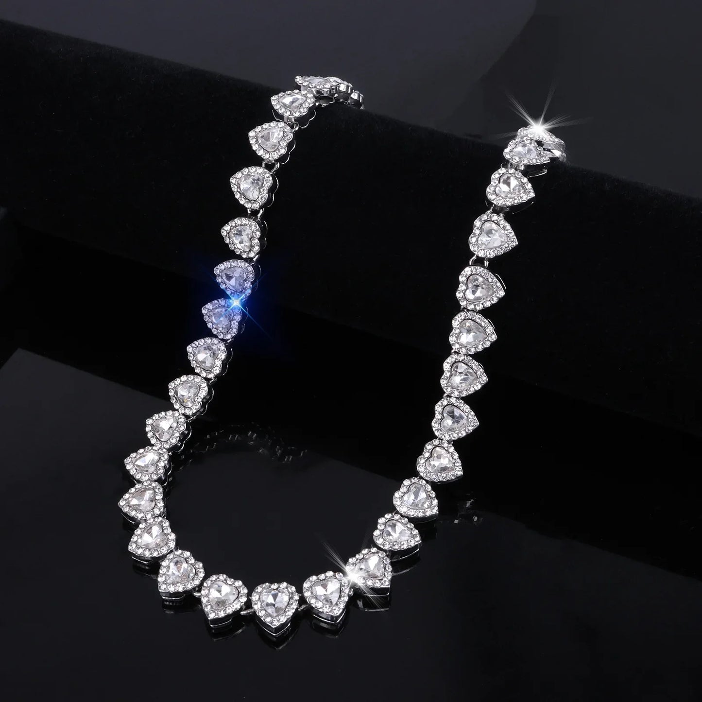 Yupsk 45CM/20CM Shiny Heart Rhinestone Hip Hop Rock Tennis Chain Bracelet Necklace for Women Men Trendy Jewelry Set Gift