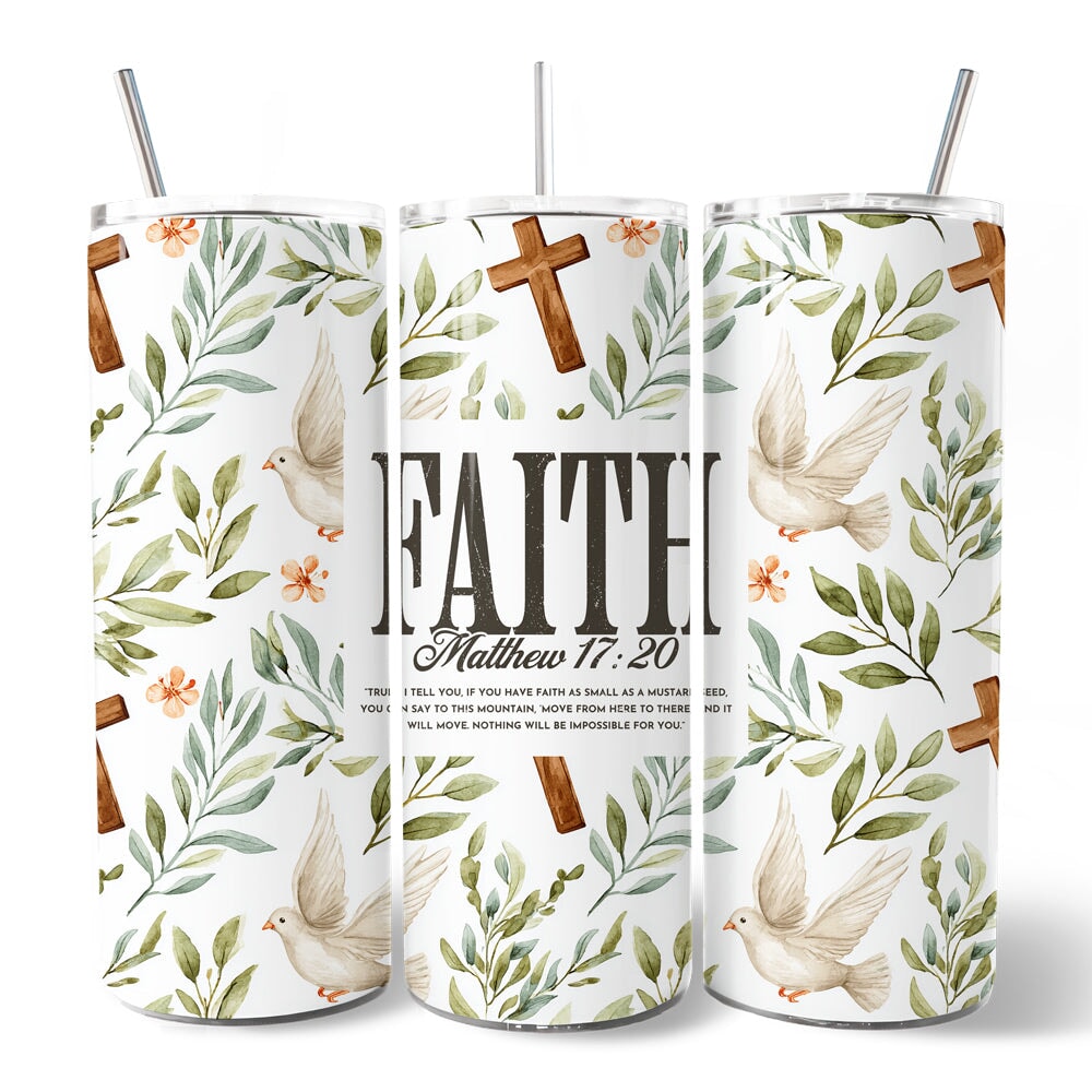 Faith Matthew 17:20 Christian 20oz Personalized Tumbler With Lid and Stainless Steel Straw, Bible Verse Inspirational Gift Cup