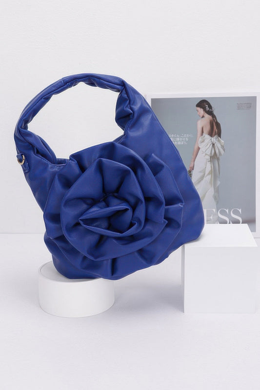 Faux Leather Big Flower Handle Bag