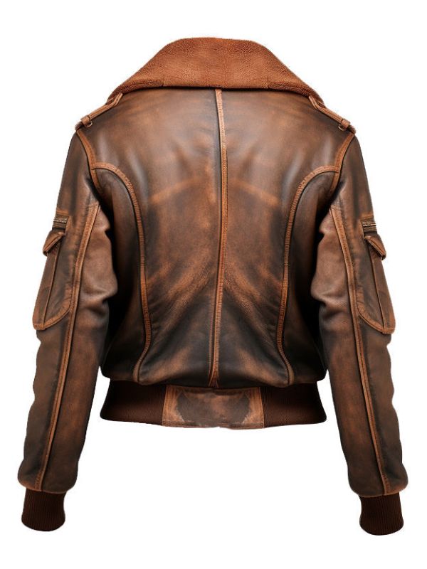 Women Brown Bomber Leather Jacket Distressed