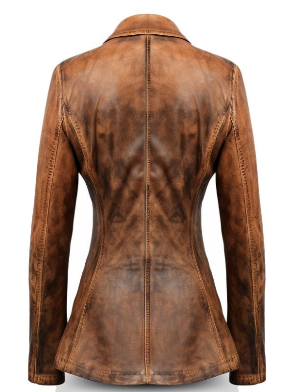 Women Designer Brown Waxed Leather Blazer