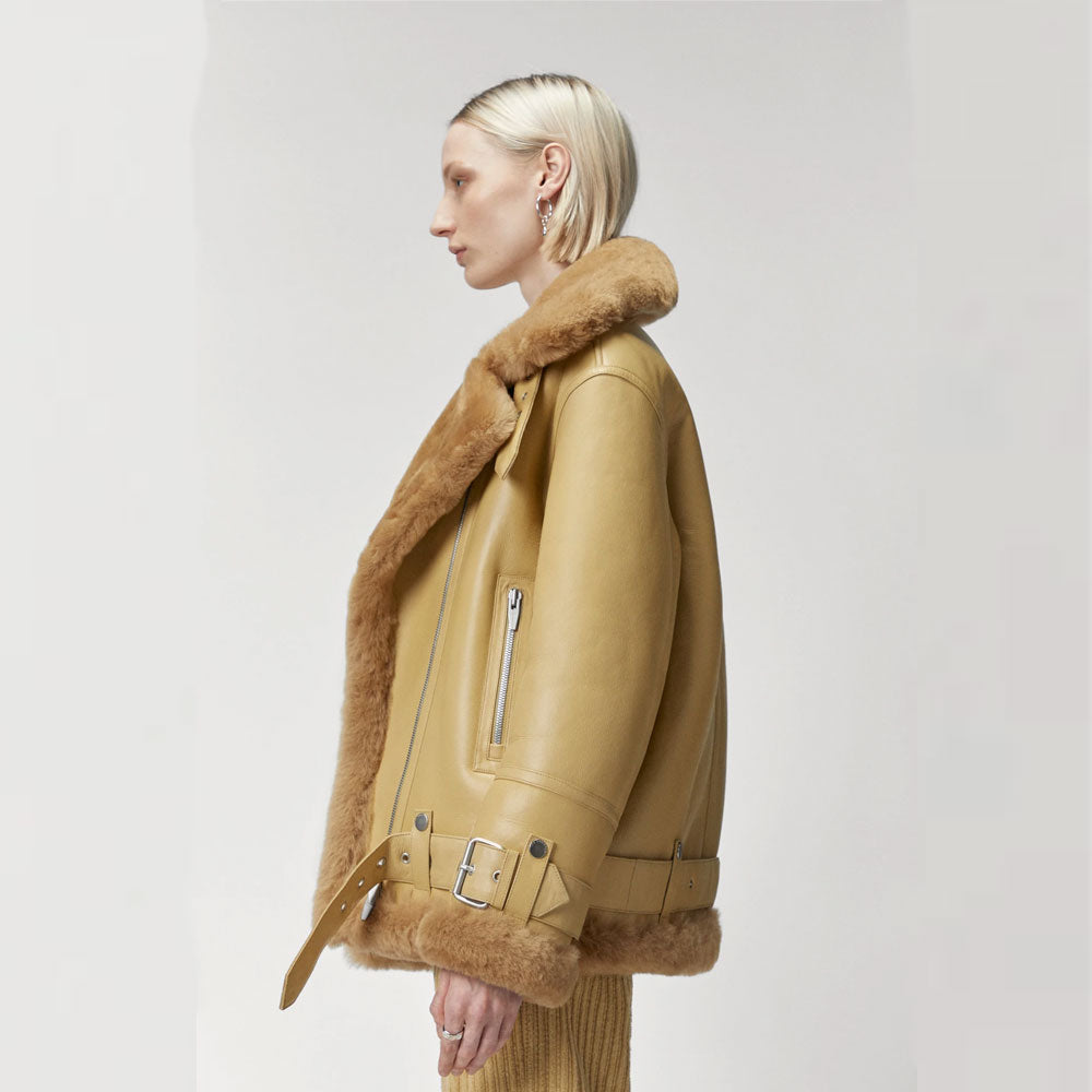 Women Light Brown RAF Aviator Styled Sheepskin Shearling Leather Jacket