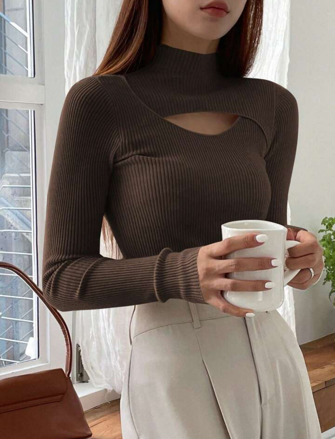 Women's Hollow-out Knit Sweater Mock Neck Sweater