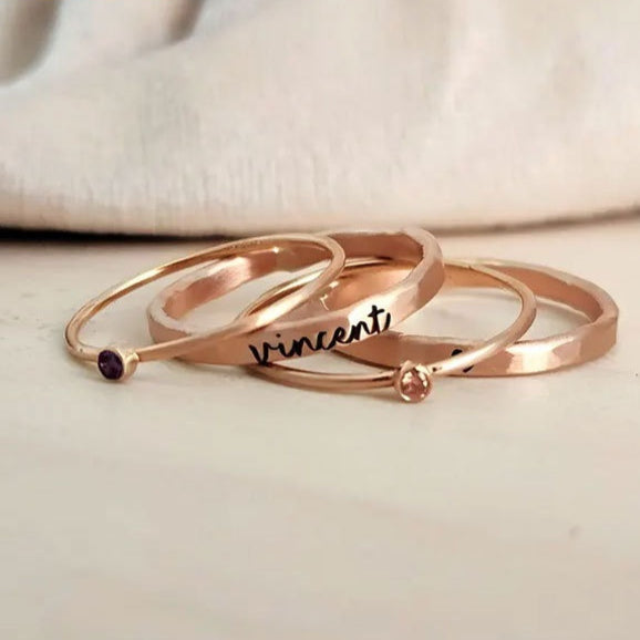 Birthstone-engraved Four-Piece Stacked Ring Set