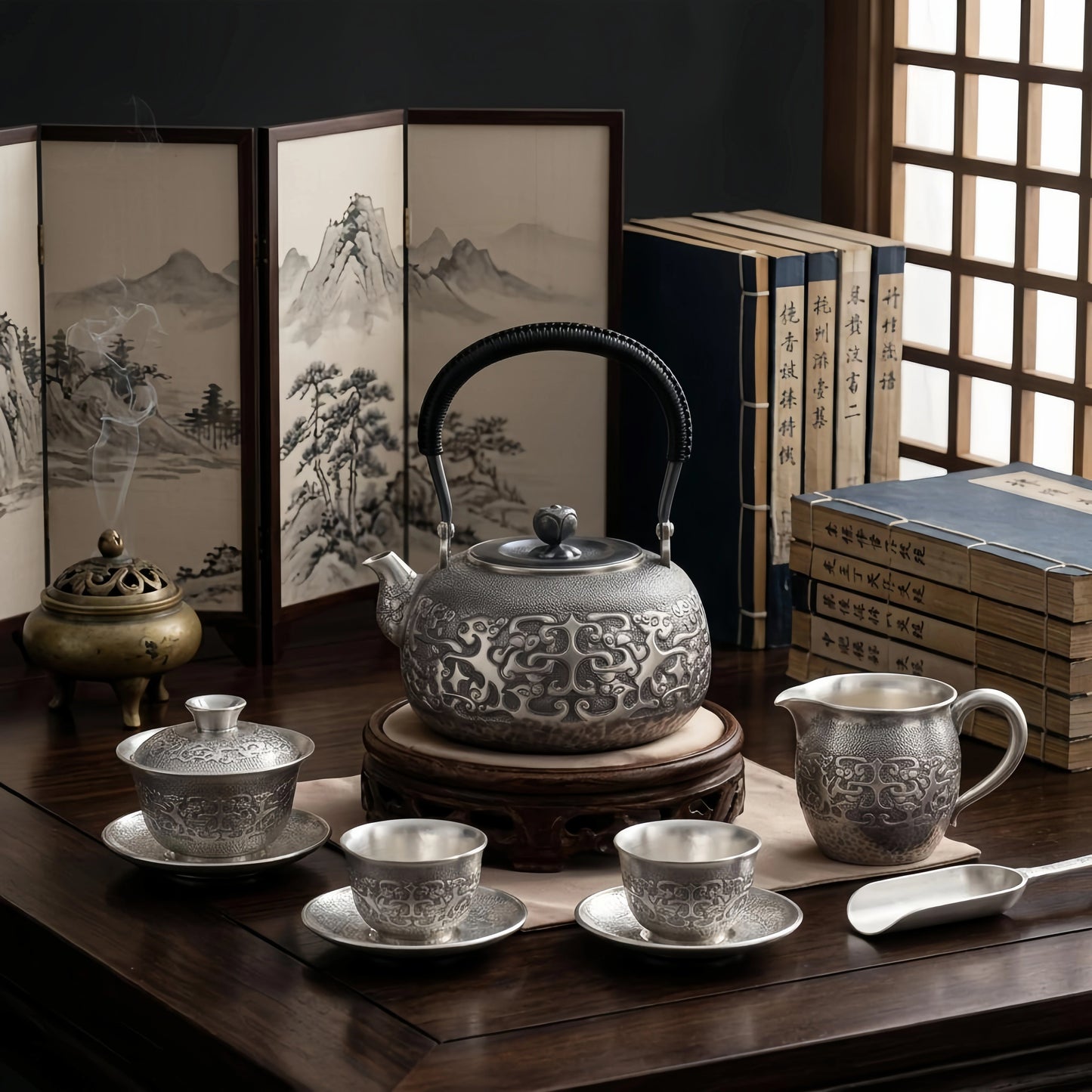 Pure 999 Fine Silver Elegant Teapot with Intricate Cloud Patterns and Coiled Black Handle-Fine large teapot - Handicraft