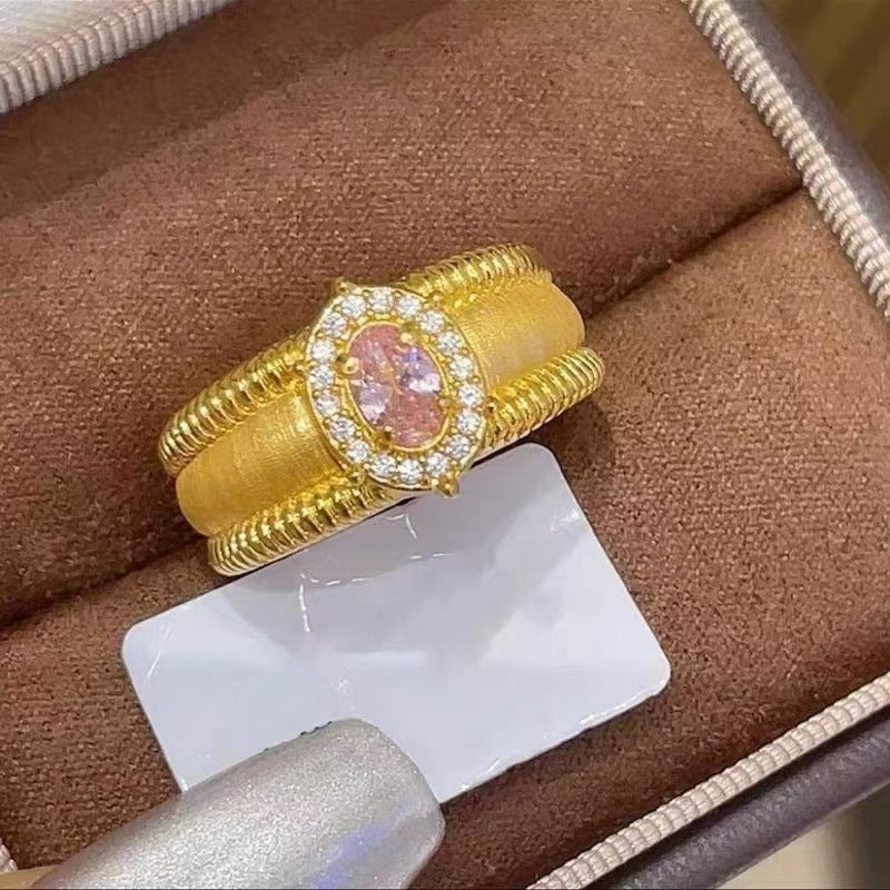 Vintage Brushed Wide Band Bead Ring, Sparkling Zircon Adjustable Open Ring, Court Style For Women