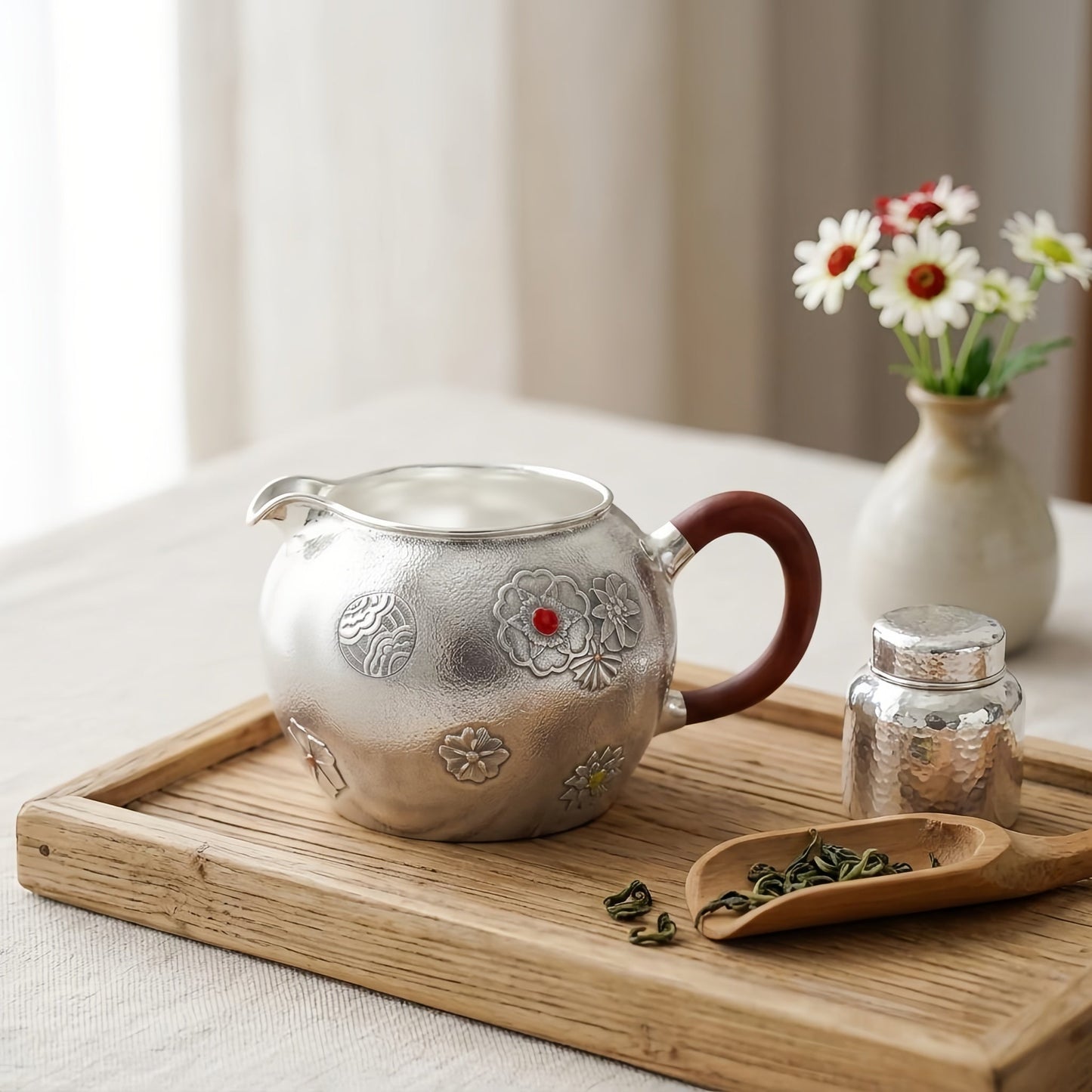 Pure 999 Fine Silver Handcrafted Silver Tea Fair Cup with Floral Relief and Wooden Handle - Handicraft