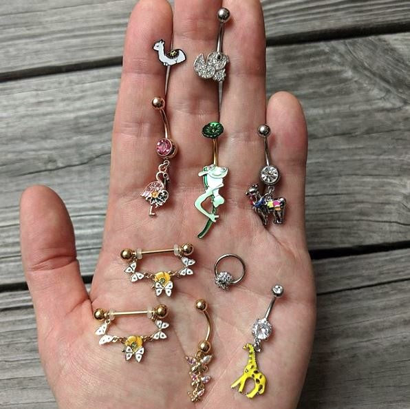 14G 5/8 Green Gem Gold Tone Butterfly Dangle Nipple Ring Set