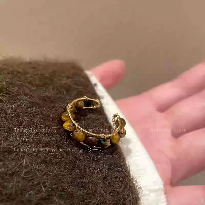 Vintage Tiger Eye Open Ring, Dainty Gold Plated Statement Band, Boho Stackable Finger Ring For Women