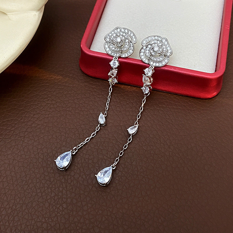 Womens Floral Rhinestone Inlaid Long Tassel Drop Earrings,Costume Earrings For Daily Banquet Party Wear