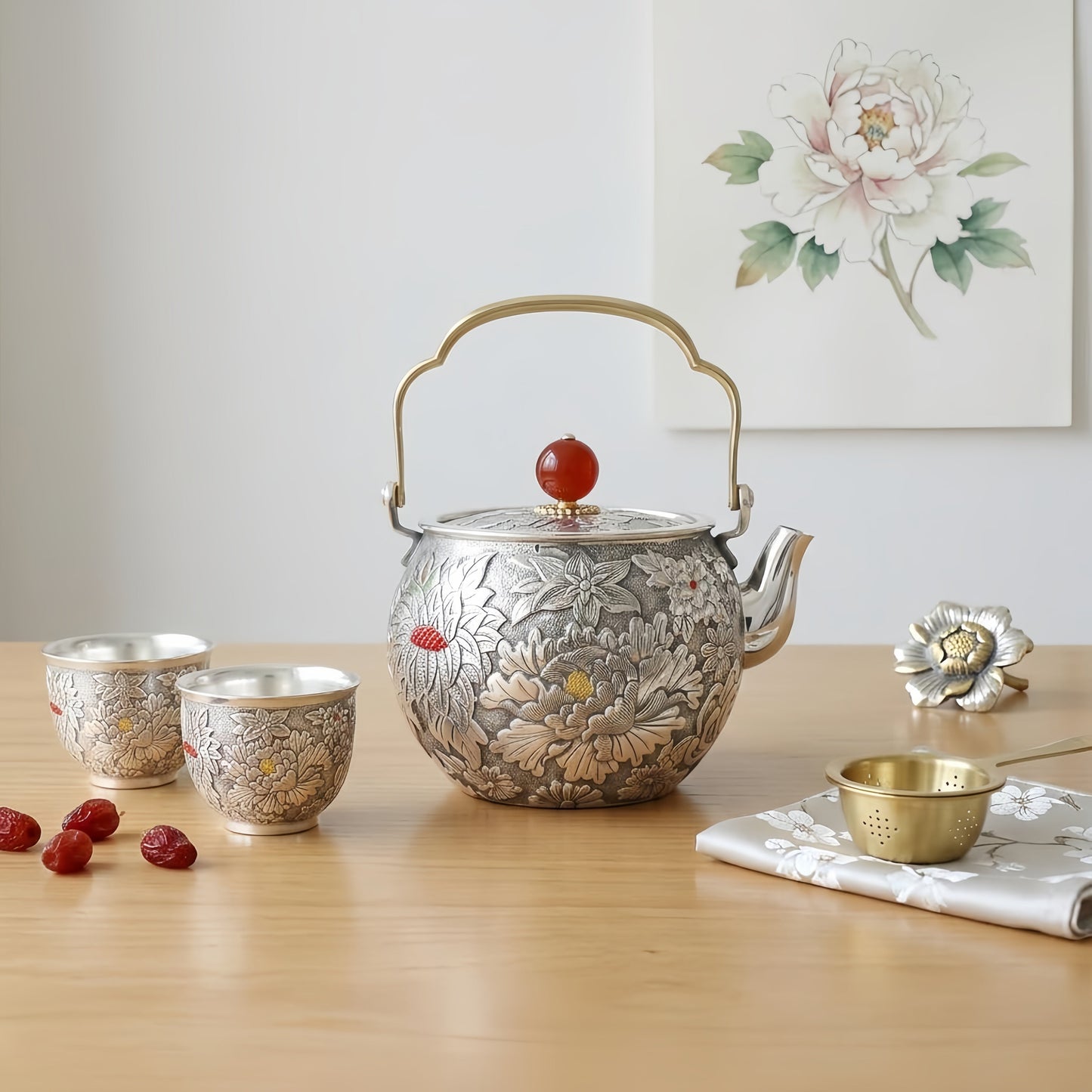 Pure 999 Fine Silver Ornate Handcrafted Silver Tea Kettle Featuring Detailed Floral Engravings and Red Gemstone Lid - Handicraft