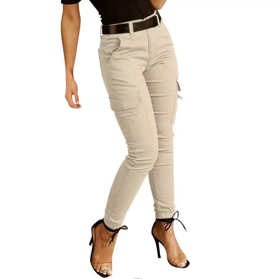 Ankle-length Low-rise Solid-color Cargo Pants With Pockets These Are Slim-fit Leggings
