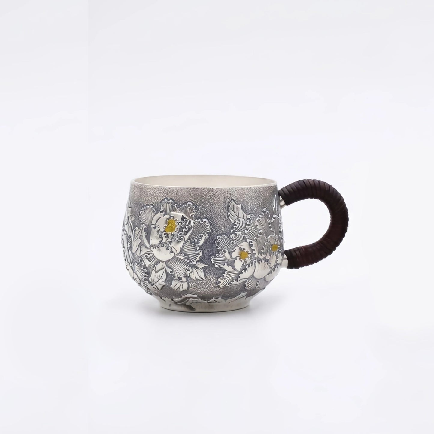 Pure 999 Fine Silver Elegant Handcrafted Silver Teacups Featuring Detailed Peony Relief and Traditional Woven Handles - Handicraft