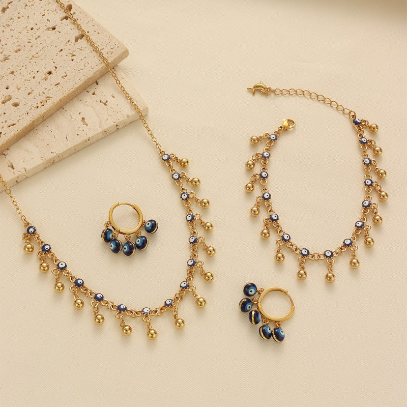 Bohemian Blue Evil Eye Tassel Necklace, Bracelet and Earring Set