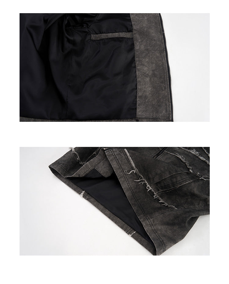 Short Gray Padded Shoulder Denim Coat