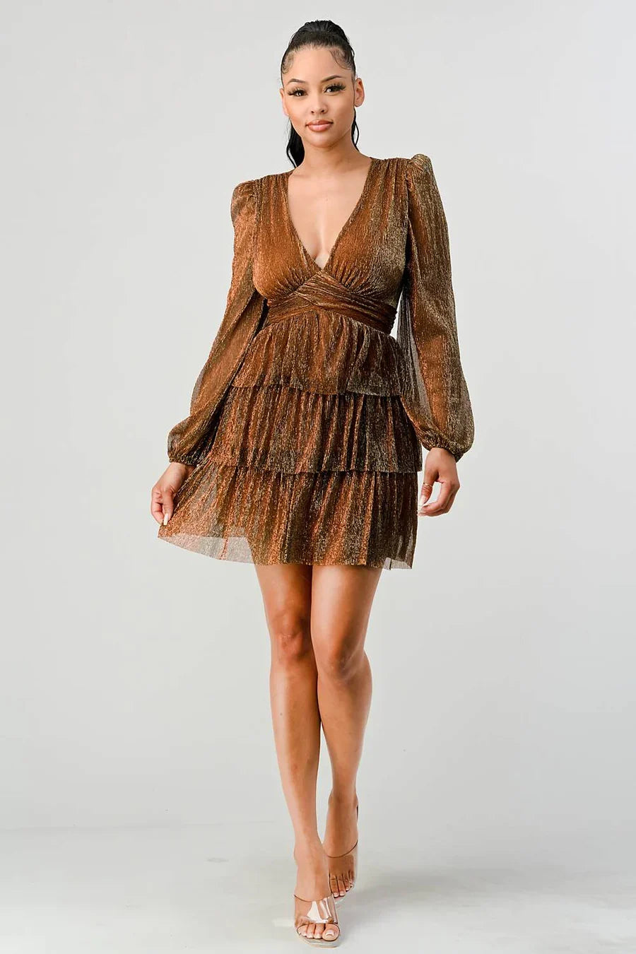 Lux Fantasy Glitter Mini Dress - Deep V-Neck & Tiered Ruffle Skirt