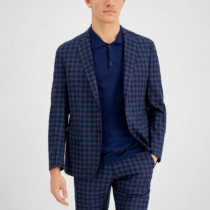 Ax Armani Exchange Mens Slim-Fit Navy Buffalo Plaid Wool Suit Jacket, 40S