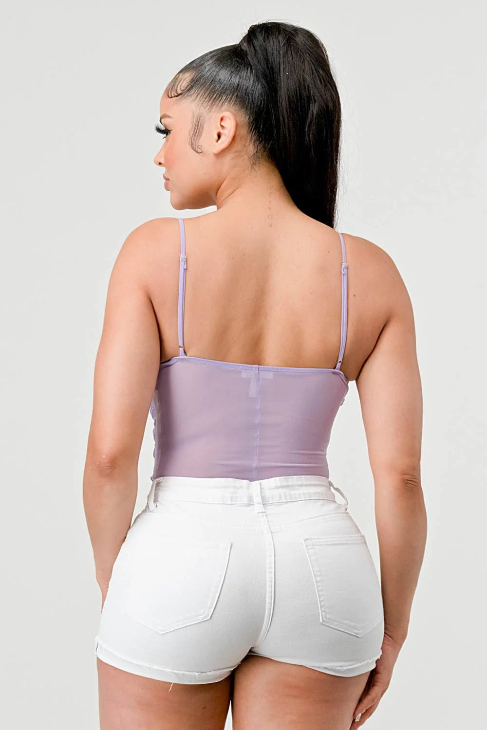 Chevron Ruffle Mesh Cami Bodysuit – Lilac