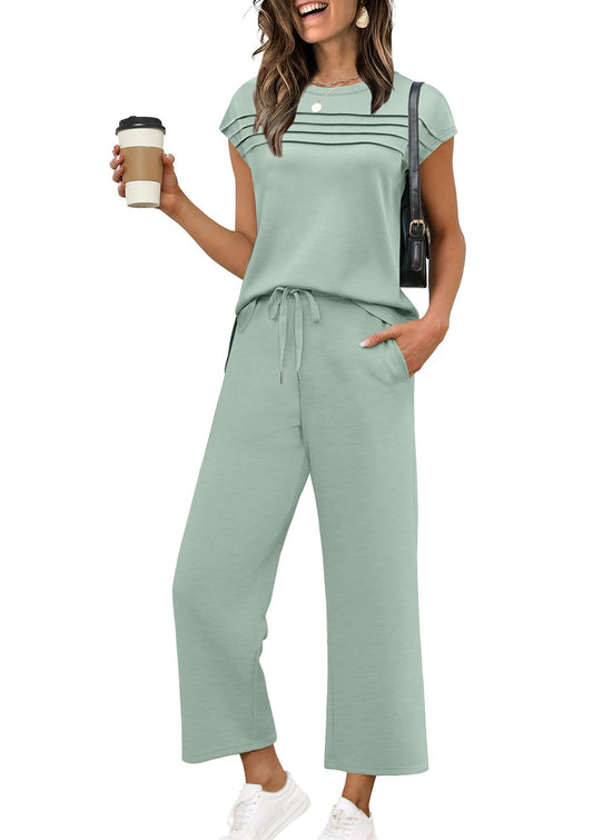 WIHOLL Two Piece Sets for Women Summer Travel Vacation Outfits Cap Sleeve Lounge Matching Sets Wide Leg Pants S-3XL