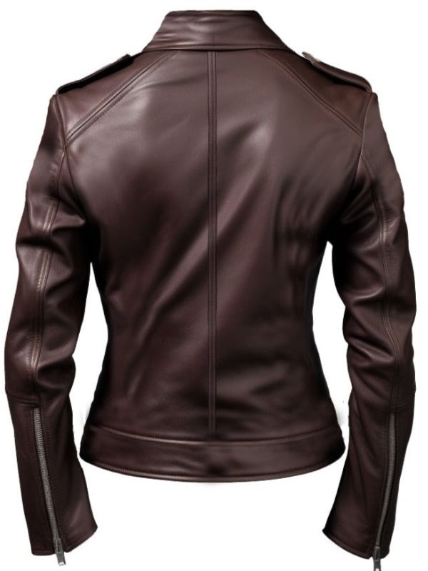 Women Biker Leather Jacket Dark Brown
