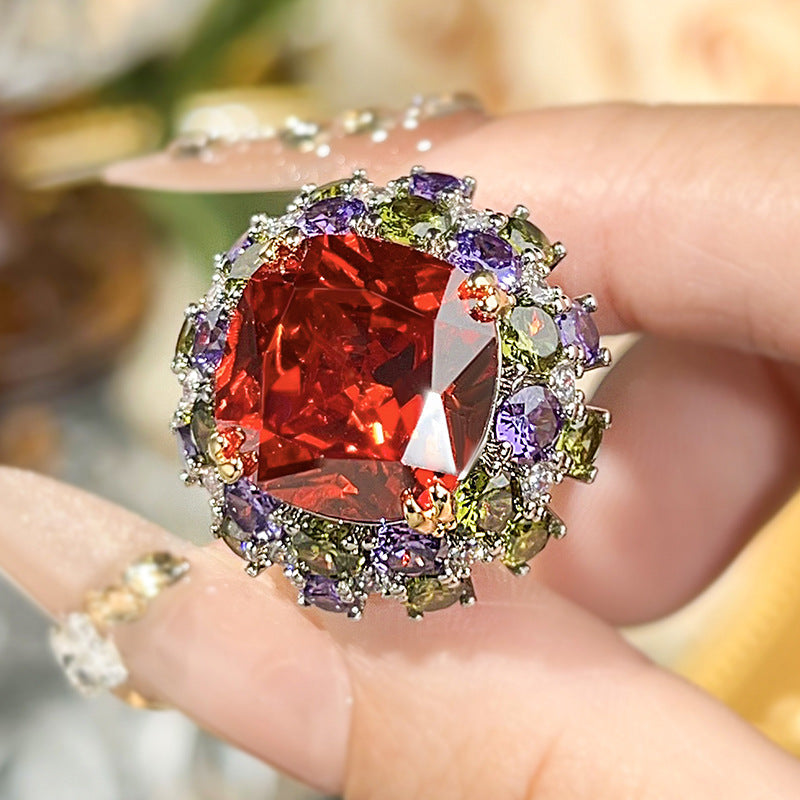 Luxury Oval Cut Simulated Emerald Ring, Multi-Color Gemstone Pave Setting Statement Ring For Women