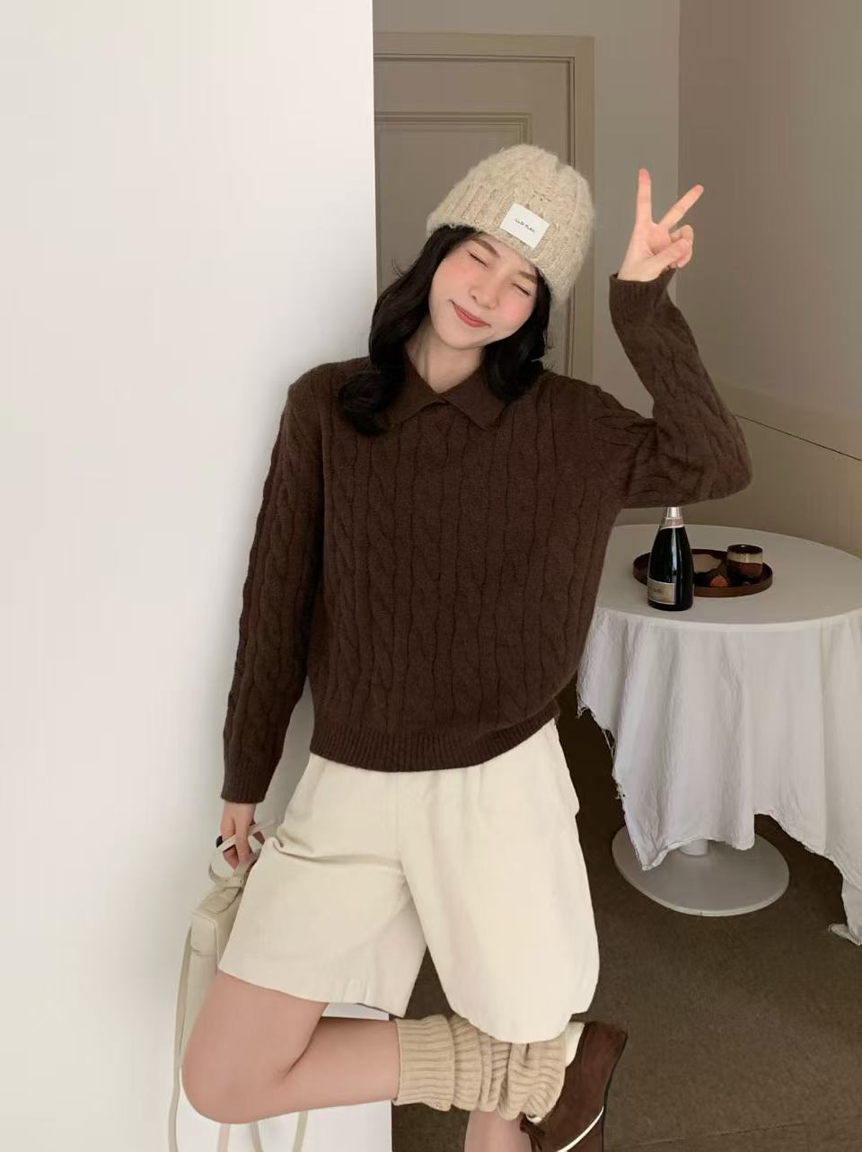 Women Lapel Cable-Knit Pullover Sweater New Arrival For Autumn And Winter Loose-Fit Pullover Knit Top For Outerwear Or Layering