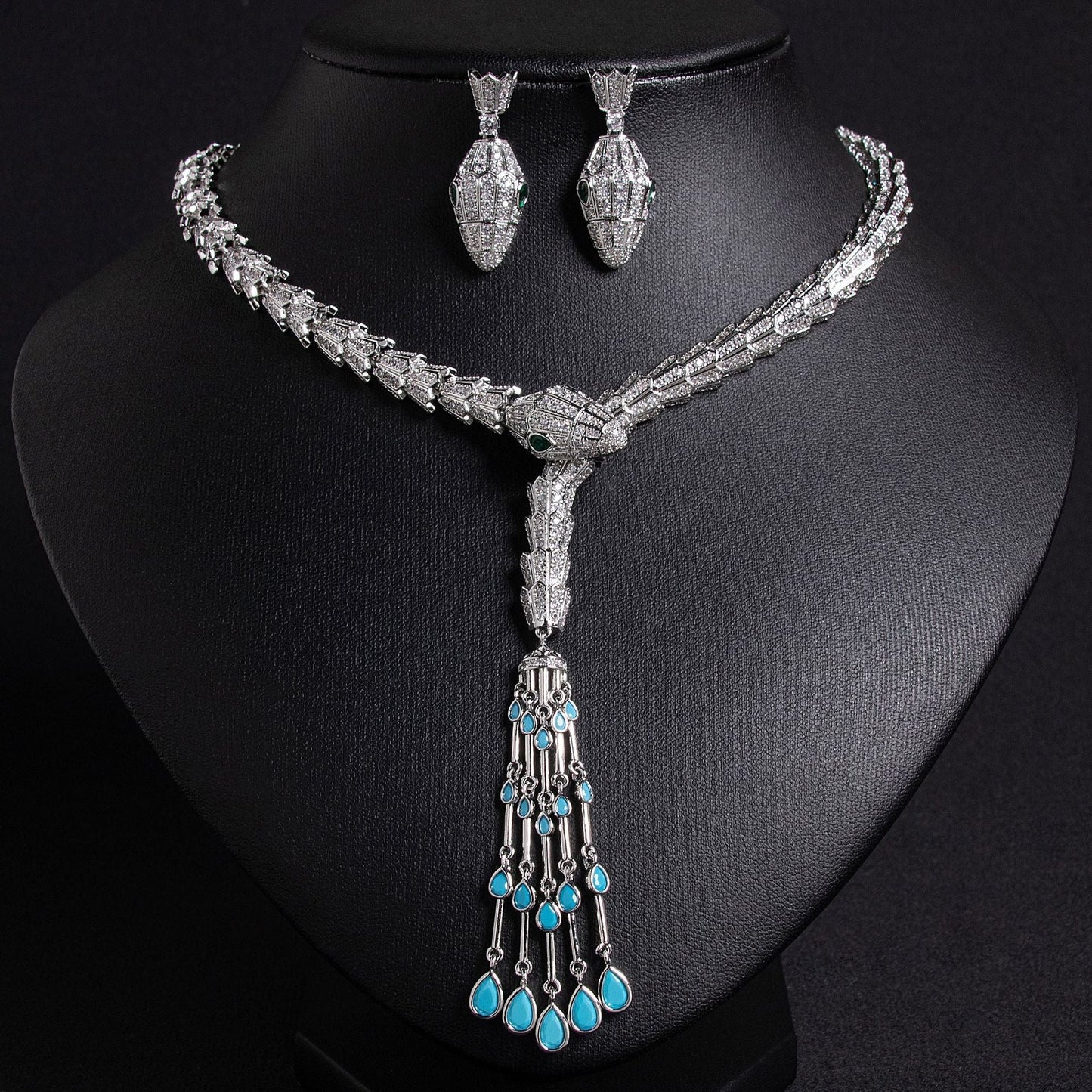 Serpentine Teardrop Tassel Zircon Earrings & Necklace Set