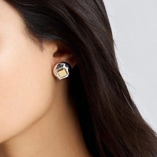 18K gold geometric inlay with gold and silver color matching design unique personality earrings