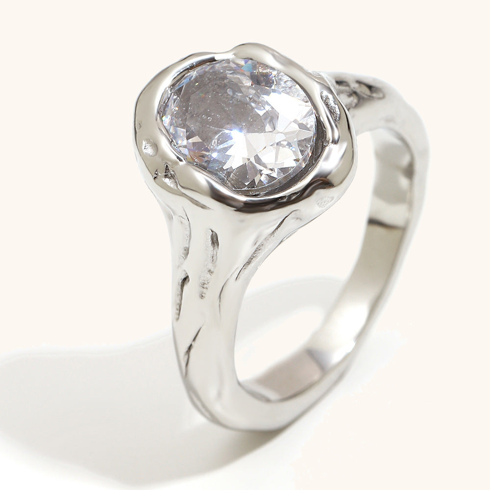 Stainless Steel 18K Gold-Plated Holed Dove-Egg Zircon Ring For Women  Lite Luxury