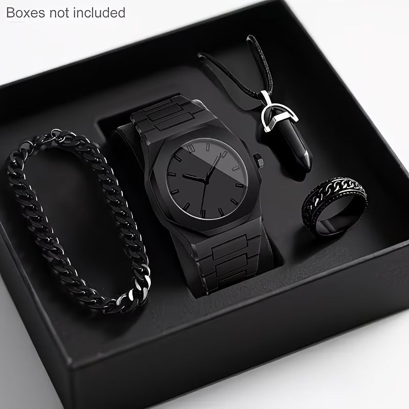 Mens Quartz Watch Necklace Bracelet Set