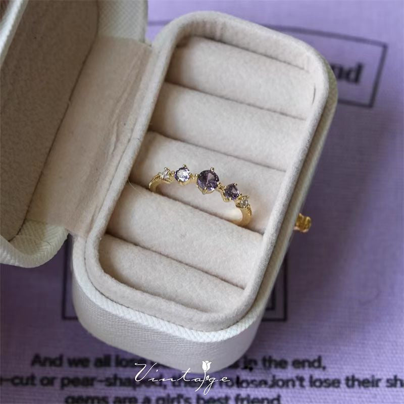 French Vintage Olive Purple Zircon Open Ring, Elegant Light Luxury Niche High-End Jewelry For Women