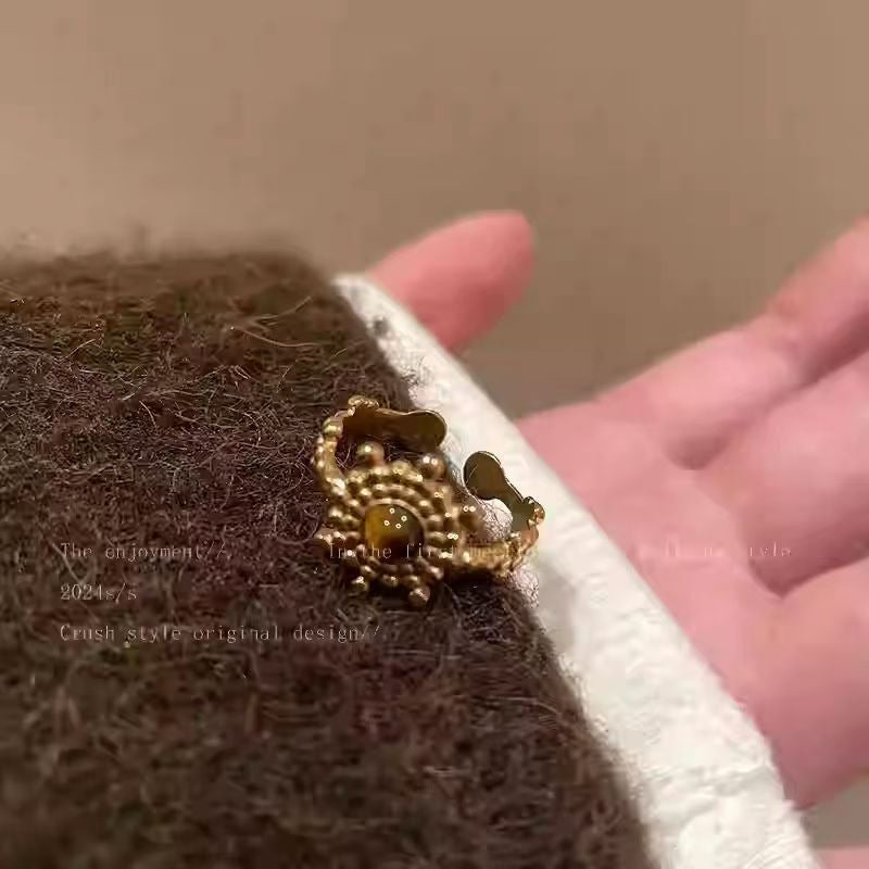 Vintage Tiger Eye Open Ring, Dainty Gold Plated Statement Band, Boho Stackable Finger Ring For Women