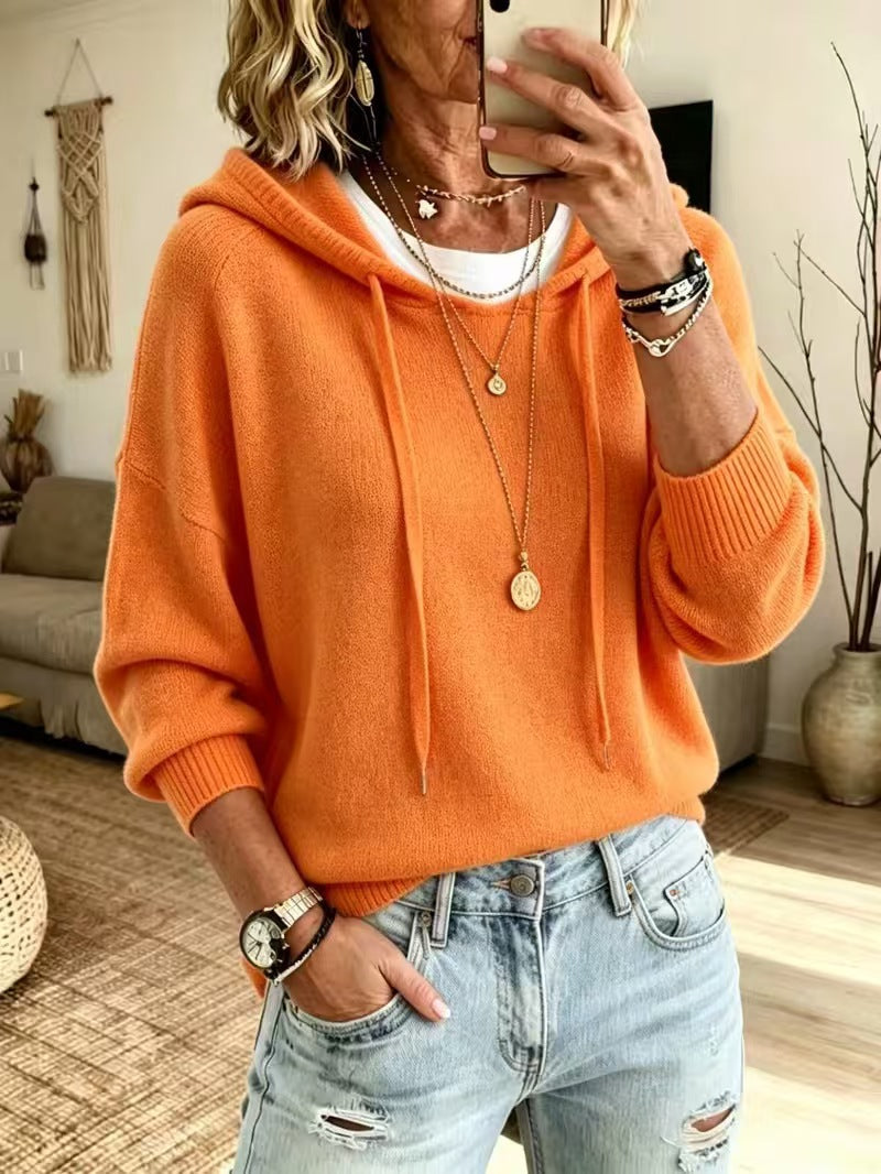 2026 Autumn New Women's Clothing - European Amazon Independent Store - Knitted New Hooded Drawstring Long-Sleeved Sweater - Knitted Outerwear - Loose Fit - 10 Colors Available