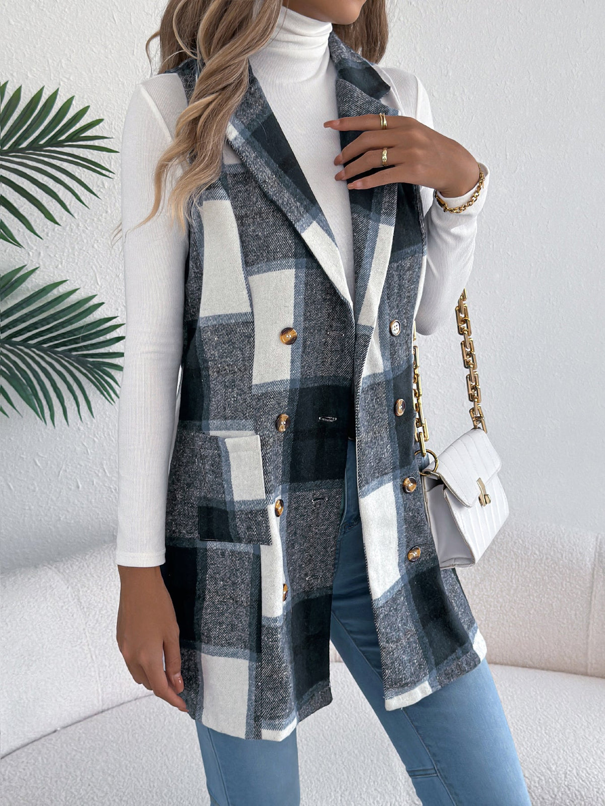 Women's Plaid Double-Breasted Pocket Tweed Long Vest