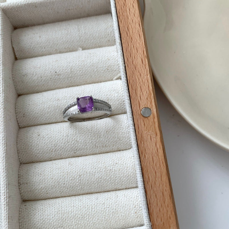 Luxury Multicolor Gemstone Ring For Women, Natural Amethyst Square Band, Micro-set Zircon High-end Style