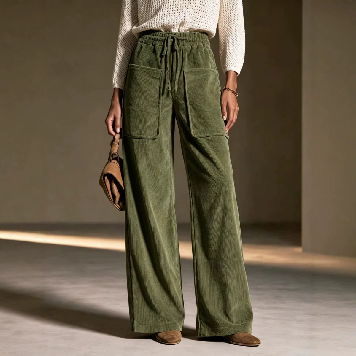 Women's High-waisted Drawstring Corduroy Wide-leg Pants