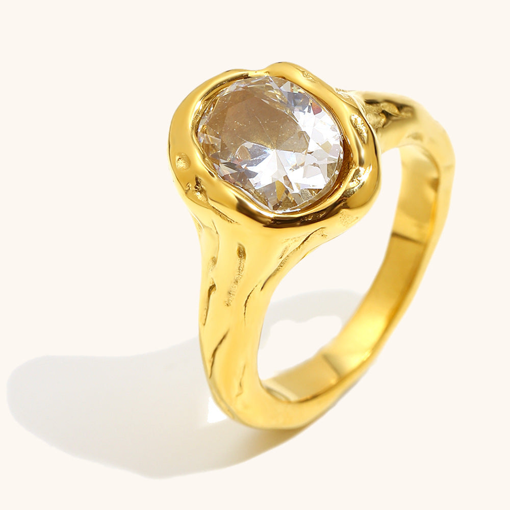 Stainless Steel 18K Gold-Plated Holed Dove-Egg Zircon Ring For Women  Lite Luxury